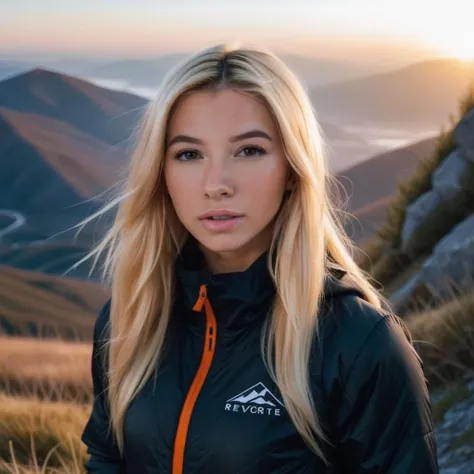 a photo of kenzie reeves, ohwx woman, on a mountain, wearing a jacket, sunrise, cinematic lighting, best quality <lora:kenziereeves_SDXL:0.9>