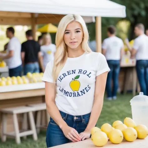 a photo of kenzie reeves, ohwx woman, at a lemonade stand, wearing a t-shirt and jeans, best quality <lora:kenziereeves_SDXL:1>