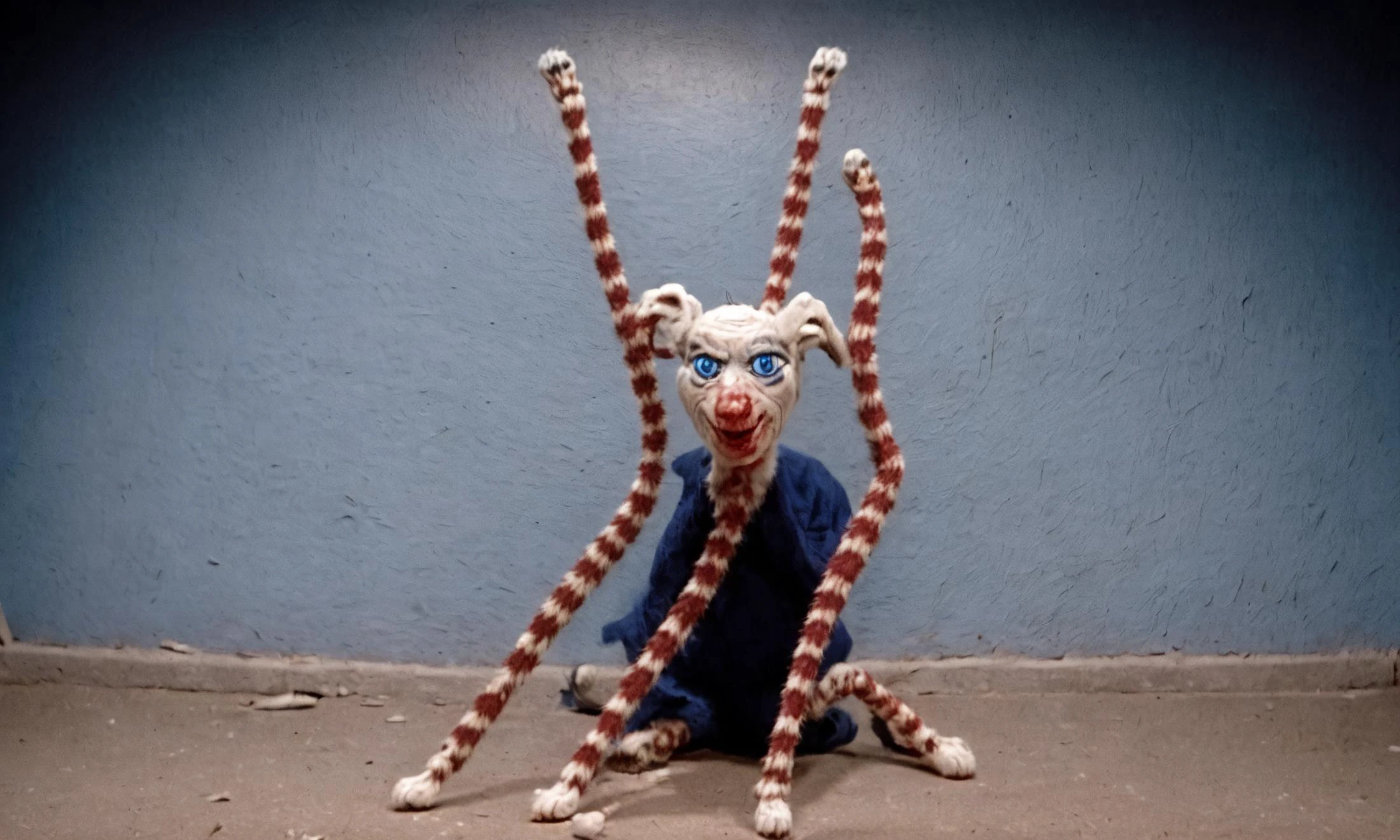 picture from really bad dream about terrifying a dumb blue goat doll (Long legs:5) <lora:Stretch_cat:1.0> <lora:Lady_Elaine_Fairchilde:1.1>, true horror. bone-chilling vision. mad world that shouldn't exist. best quality, high resolution
