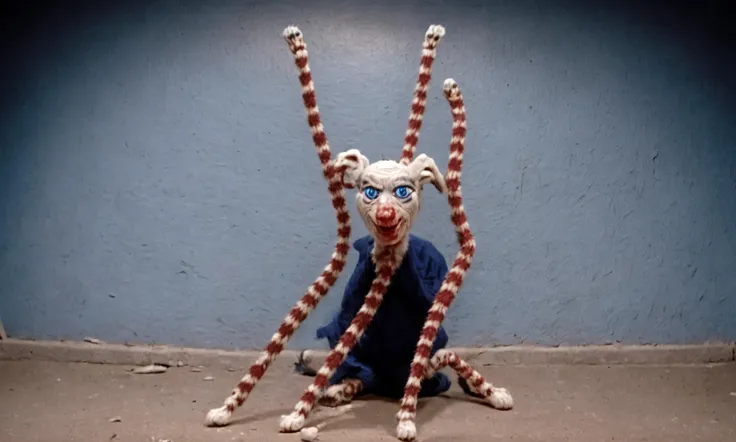 picture from really bad dream about terrifying a dumb blue goat doll (Long legs:5) <lora:Stretch_cat:1.0> <lora:Lady_Elaine_Fairchilde:1.1>, true horror. bone-chilling vision. mad world that shouldn't exist. best quality, high resolution