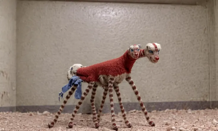 picture from really bad dream about terrifying a dumb blue goat doll (Long legs:5) <lora:Stretch_cat:1.0> <lora:Lady_Elaine_Fairchilde:1.1>, true horror. bone-chilling vision. mad world that shouldn't exist. best quality, high resolution