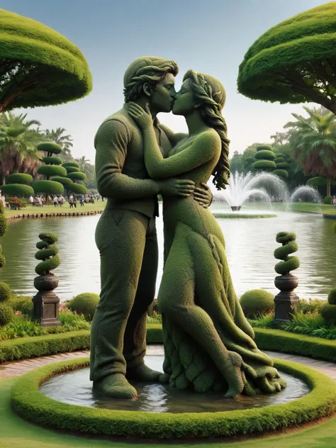 ais-hdgrw antique statue of a man and a woman kissing, water, public park in background <lora:Hedgerow_Style_SDXL:1>, (masterpiece:1.2), best quality, (hyperdetailed, highest detailed:1.2), high resolution textures