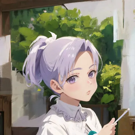 masterpiece, best quality, highres, 1girl, light purple hair, ponytail, nanatsu no taizai, pastel, portrait, upper body, white dress, <lora:jericho-10:0.6>, <lora:DiscoElysiumStyle_v1:0.5>, brush strokes
