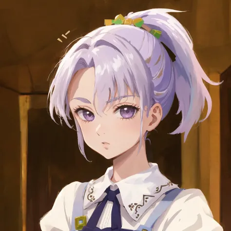 masterpiece, best quality, highres, 1girl, light purple hair, ponytail, nanatsu no taizai, pastel, portrait, upper body, white dress, <lora:jericho-10:0.6>,  <lora:DiscoElysiumStyle_v1:0.4>