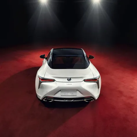 realistic photo of a white lexuslc car on a red carpet, spotlight, cinematic, from behind, <lora:LexusLC_SDXL_v1:1>