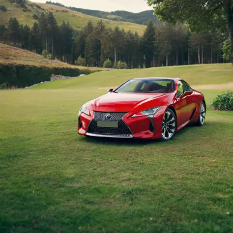 realistic photo of a red lexuslc car on green grass, outside, cinematic, <lora:LexusLC_SDXL_v1:1>