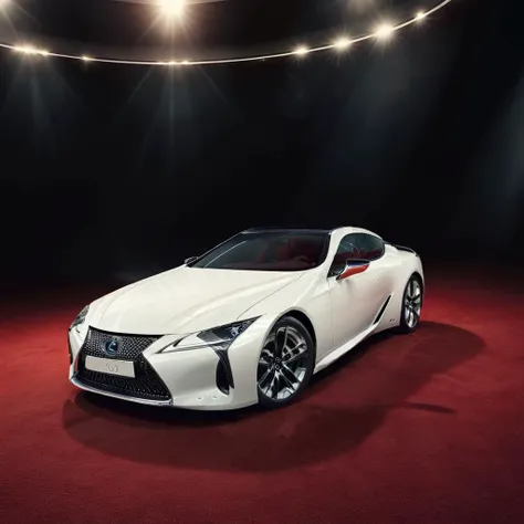 realistic photo of a white lexuslc car on a red carpet, spotlight, cinematic, <lora:LexusLC_SDXL_v1:1>