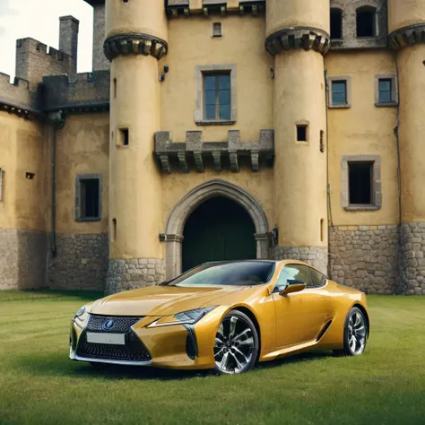 realistic photo of a yellow lexuslc car on green grass in front of an old castle, outside, cinematic, <lora:LexusLC_SDXL_v1:1>
