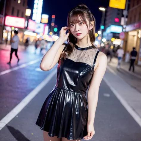Best quality, masterpiece, ultra high res, (photorealistic:1.4),1girl, raw photo, portrait, cute dress, night, street, city light, warm lighting, hand behind, <lora:yamaneaya_lora:1> yamaneaya