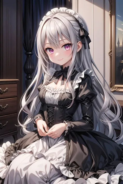 ((masterpiece:1.4, best quality)), ((masterpiece, best quality)),
one girl, cute girl, silver hair, long hair, pink eyes, smile, black gothic dress, white frill, hair dress,
indoors, castle, gothic, cute pose