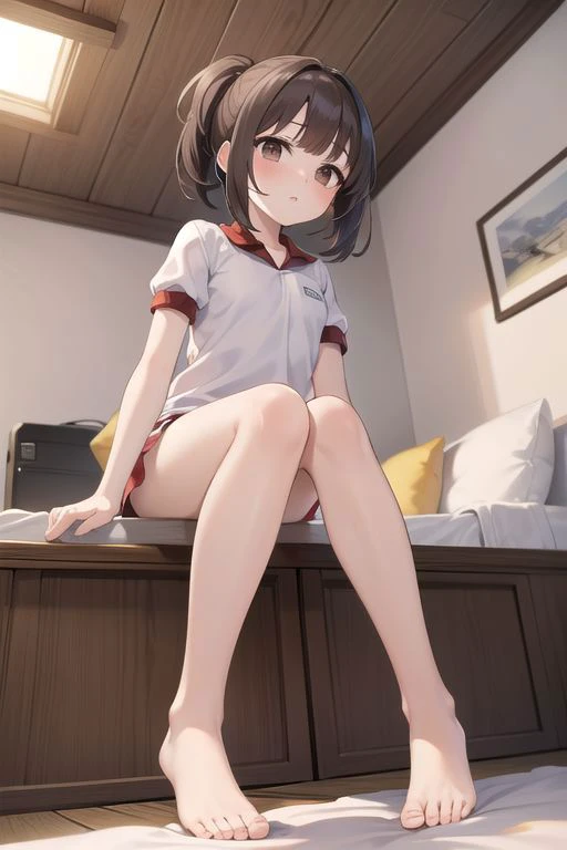 hajime, 1girl, ((Blunt bangs)), (buruma:1.3), brown hair, brown eyes, low pony tail, ((She wears a silver-star-hairpin on her right bang)), at bed room, full body shot, (backbend), (from below:1.2), gym uniform, (small chest), (solo), masutepiece, ultra-detailliert, best quality, barefoot,