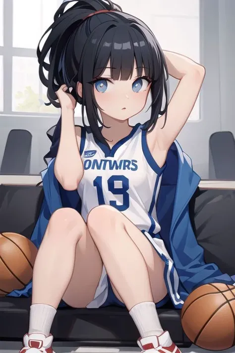 (masterpiece), best quality, high resolution, girl playing basketball, black hair, hair up, dark blue eyes, sitting