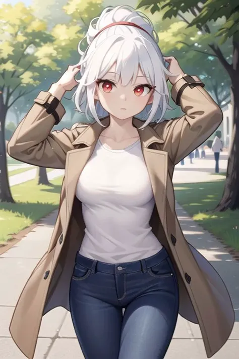 (masterpiece), best quality, high resolution, white hair, hair up, red eyes, brown trench coat, black jeans, in the park