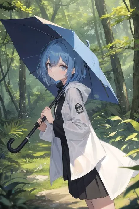 blue hair, gray eyes with an impermiable yellow and a black umbrella, make the environment in a forest under the stars