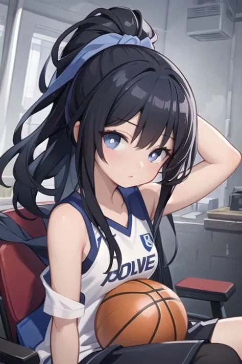 (masterpiece), best quality, high resolution,  girl playing basketball, black hair, hair up, dark blue eyes, sitting