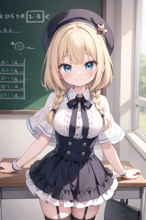 masterpiece,1girl, sparrow, a blonde haired girl, wearing a sailor uniform, curly medium hair, messy hair, black skirt, slim body, big breasts, she close her left eye, shirt ornament, lolippai, plain expression, beautiful breasts, rounded breasts, aqua eyes, dress, miniskirt, sit at calssroom, ahoge, beret, naughty smile