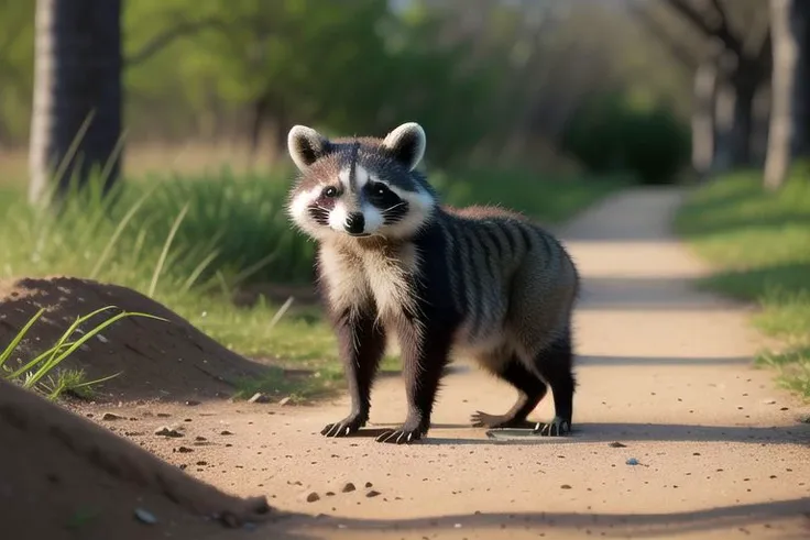 a charming raccoon stands proudly on a dirt path exudes it gazes at the viewer with its big eyes, Spring Land background, capturing the essence of the moment through bold colors and loose brushstrokes. .