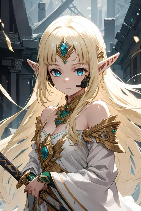 holding weapon,holding sword,sword,<lyco:shadow_oliver:0.8>elf,blonde hair, blue eyes,
forehead protector,white off-shoulder dress,green jewelry,
face lighting,cinematic lighting,, absurdres , highres, ultra detailed, (1girl:1.3),