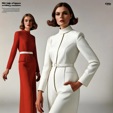 A high-fashion model posing elegantly for a clothing magazine's inner page. The model is dressed in a chic, avant-garde outfit, showcasing a blend of bold colors and experimental textures. The backdrop is minimalist, emphasizing the clothing's vibrancy and intricate design. The composition is magazine-style, with ample negative space for text and captions. The lighting is soft yet directional, highlighting the outfit's details and the model's striking features. The overall mood is sophisticated and trendy, embodying the magazine's cutting-edge fashion aesthetic, <lora:postwarfashion:0.6>