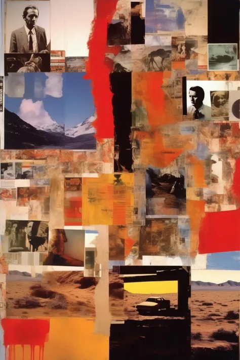 <lora:Robert Rauschenberg Style:1>Robert Rauschenberg Style - Photographs were cropped from various culture magazines and collaged together. The photos have no depth and are 2D graphics. The photos are from posters, movies, and various other sources. Also included are photos of original world landscapes. Man-like cool design. (Abstract Expressionism, Robert Rauschenberg, Combine Painting, Ambient Lighting)