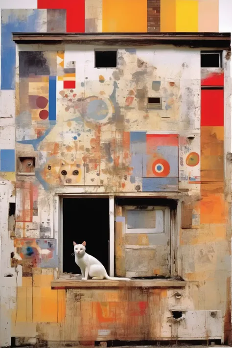 <lora:Robert Rauschenberg Style:1>Robert Rauschenberg Style - Robert Rauschenberg was here, painting on the wall of the facade of a house that has some dilapidated areas, there is a cat and mouse and some colors and abstract symbols on it, the style is modernism inspired