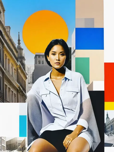 <lora:RobertRauschenberg:1>a collage of a woman sitting in front of a building with a sun in the background by Robert Rauschenberg