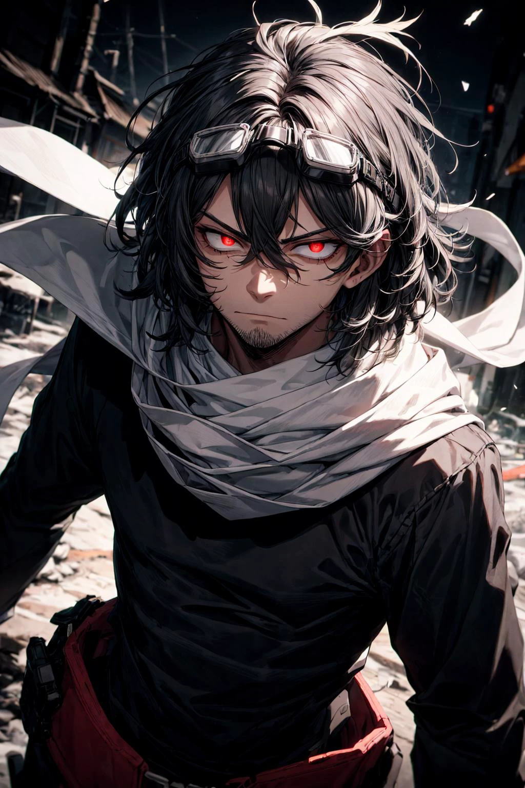 (best quality), (masterpiece),(ultra-detailed:1.2),ultra high res,cowboy shot,from above,
1boy,(glowing eyes:1.1),frowning ,red eyes,smirk,Desolate,middle-aged man,(battle stance :1.2),bangs between eyes,
<lora:Aizawa:0.8>,aizawa shouta,(goggles on head:1.1),white scarf,stubble,messy hair,wind,long sleeves ,black shirt,
scar under eye,
swirling bandage,flowing white scarf,wind,
(motion blur:1.2), (speed lines:1.1),
<lora:shihaku-eye:0.8>,
<lora:flat2:-0.4> ,
<lora:LowRa:0.4> ,dark theme,