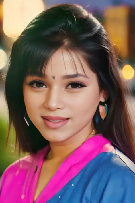 high resolution, photo of a 30-year-old woman, neelam, 80s clothing, night time, city lights bokeh, skindentation, sharp facial features, perfect eyes, perfect mouth <lyco:Neelam_768_LoHa_3E:1>,