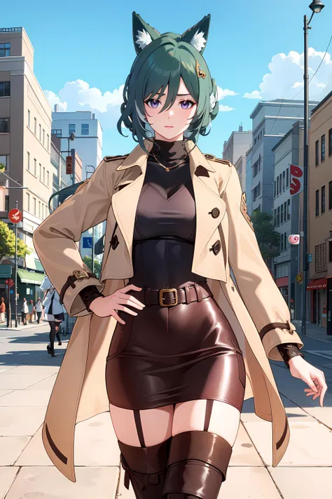 (((masterpiece, best quality, extreme detail))), 1girl, solo, mature female, Yukong, (trench coat, turtleneck sweater, longsleeves, pencil skirt, black thighhighs, leather flat boots:1.2), (good hands, perfect fingers:1.3), fingernails, standing, city background, <lora:Yukong:0.8>