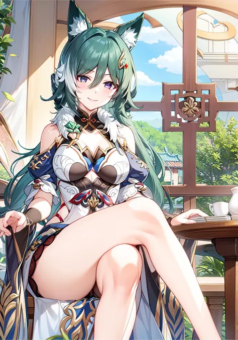 masterpiece, best quality, high resolution,
Yukong, 1girl, solo, sitting, bangs, crossed legs, looking at viewer, closed mouth, smile, bare shoulders, window, indoors, chair, legs, table, chinese cloth
<lora:Yukong:0.8>