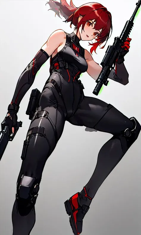 masterpiece, high-detail, sketch, reginaDC, regina, dino crisis, 1girl, female, athletic woman, (aim pose, fight with raptor, holding mp5, holding weapons), black bodysuit, gray fabric layer under bodysuit, young, bare shoulders, tactical fingerless gloves, <lora:ReginaDinoCrisis:0.9>