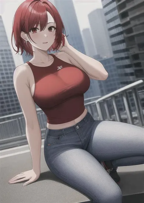 masterpiece, sexy, american, high-detail, detailed face, portrait, waist-length shot, reginaDC, regina, dino crisis, 1girl, female, athletic woman, shoulder-length vivid red hair, casual outfit, (white shirt, jeans), partially nude, city, <lora:ReginaDinoCrisis:0.9>