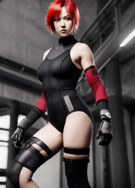 RAW, photograph, masterpiece, high-detail, full body shot, reginaDC, regina, dino crisis, 1girl, female, athletic woman, red hair, black bodysuit, gray fabric layer under bodysuit, young, bare shoulders, tactical fingerless gloves, <lora:ReginaDinoCrisis:0.9>