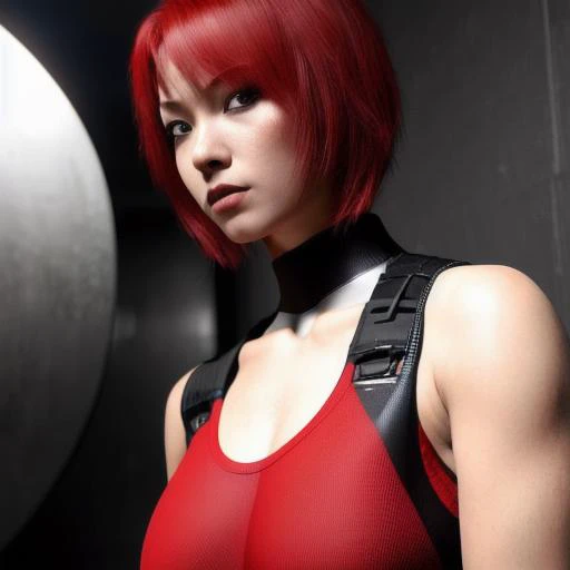 RAW, photograph, masterpiece, sexy, american, high-detail, detailed face, portrait, waist-length shot, reginaDC, regina, dino crisis, 1girl, female, athletic woman, shoulder-length vivid red hair, tactical black bodysuit, gray fabric layer under bodysuit, young, bare shoulders <lora:ReginaDinoCrisis:0.9>