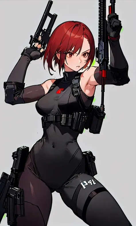 masterpiece, high-detail, sketch, reginaDC, regina, dino crisis, 1girl, female, athletic woman, (aim pose, fight with raptor, holding mp5, holding weapons), black bodysuit, gray fabric layer under bodysuit, young, bare shoulders, tactical fingerless gloves, <lora:ReginaDinoCrisis:0.9>