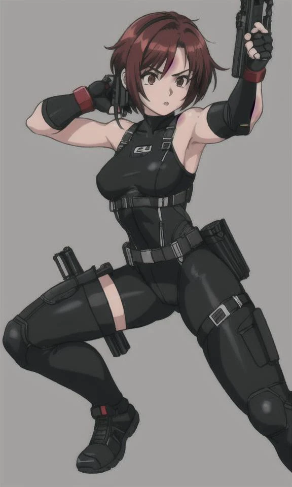 masterpiece, high-detail, sketch, reginaDC, regina, dino crisis, 1girl, female, athletic woman, (aim pose, fight with raptor, holding mp5, holding weapons), black bodysuit, gray fabric layer under bodysuit, young, bare shoulders, tactical fingerless gloves, <lora:ReginaDinoCrisis:0.9>