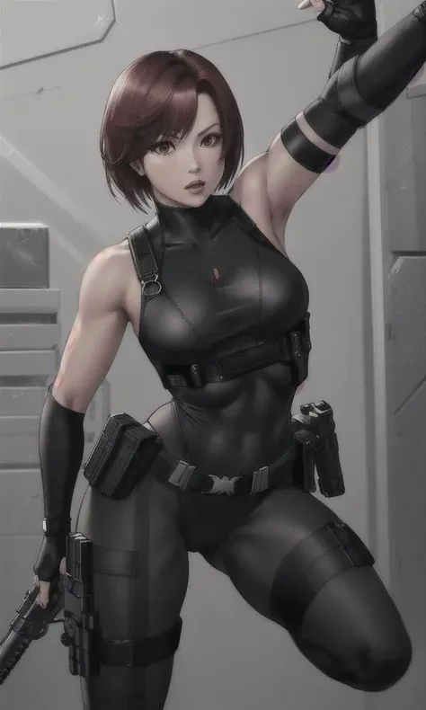 masterpiece, high-detail, sketch, reginaDC, regina, dino crisis, 1girl, female, athletic woman, (aim pose, fight with raptor, holding mp5, holding weapons), black bodysuit, gray fabric layer under bodysuit, young, bare shoulders, tactical fingerless gloves, <lora:ReginaDinoCrisis:0.9>