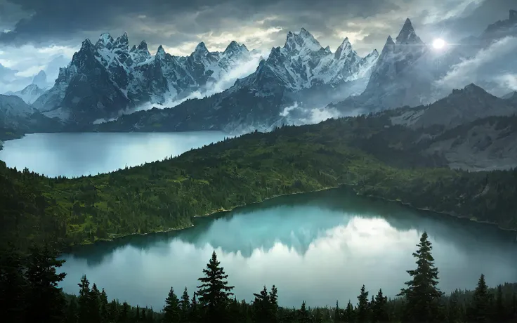 scenery, lake, forest, mountains, nimbostratus clouds, overcast sky, sun