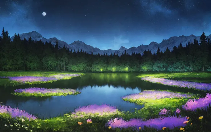 scenery, flower meadow, lake, forest, mountains, moonlit night, (night sky, stars, Milky way:0.25)