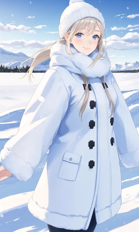 a Nordic woman, smile, outdoors, snow, winter, blue sky, clouds