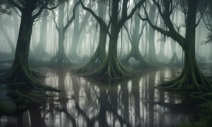 A murky swamp with twisted trees rising from the water, Hue, window light, spotlight masterpiece, realistic, award winning, volumetric light and fog, subsurface scattering, caustics, bloom, perfect exposure, perfect composition, rule of thirds, 8k, hdr10, cinematic, breathtaking, ray tracing, global illumination