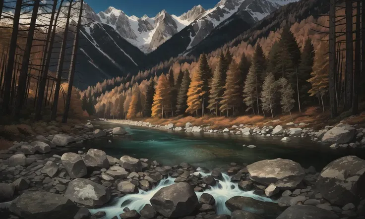 outdoors, mountains, nature, forest, rocks, river, wood, shadows, contrast, clear sky, analog style, film grain, warm hue, warm tone, cinematic lighting