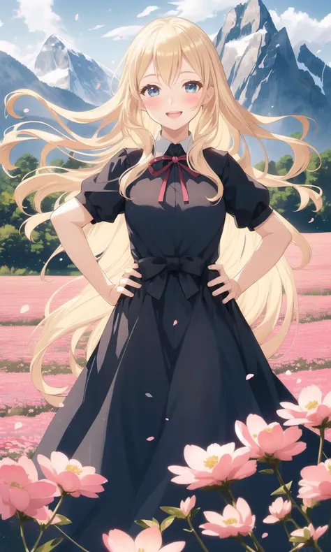 a woman, smile, open mouth, upper teeth, blush, blonde hair, blue eyes, bow, dress, drill hair, long hair, black dress, ribbon, solo, upper body, cloudy sky, mountain, forest, standing in a flower field, floating petals, hands on hips