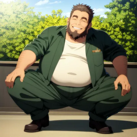 <lora:umiyan_lora4:0.8> best quality, detailed background, (smile, sleepy:1), in the bus, mature male, panorama, head tilt, masterpiece, navel, thick legs, full body, (green jacket, open clothes, white shirt:1), (brown hair:0.7), old man, BREAK fat man, arm hair, green eyes, beard, thick eyebrows, dappled sunlight, cables on wall, <lora:ref-ban:1.5> <lora:Edge_weaken_strengthen:-1.5>