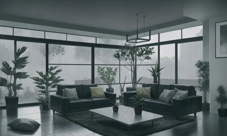 modern living room, rainy evening outside, indoor plants