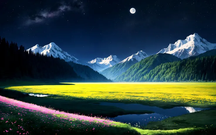 scenery, flower meadow, lake, forest, mountains, moonlit night, moon, (night sky, stars, Milky way:0.25), very dark, very low light