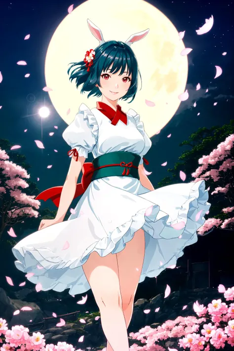 a Japanese woman, white short hair, rabbit ears, red eyes, breasts, dress, short puffy sleeves, frills, outdoors, flower, fluttering petals, moonlit night, smile, garden, teal tint, teal fog