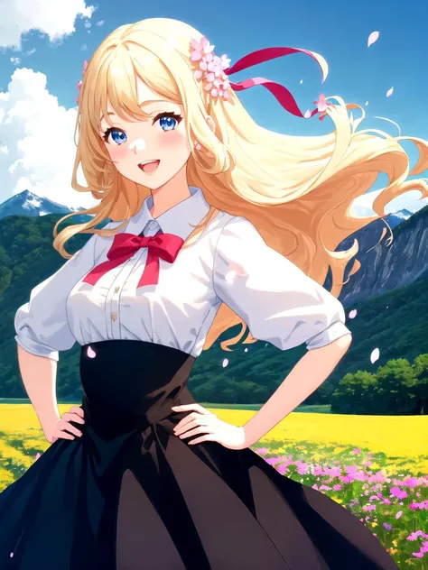a woman, smile, open mouth, upper teeth, blush, hands on hips, blonde hair, blue eyes, bow, dress, drill hair, long hair, black dress, ribbon, solo, upper body, cloudy sky, mountain, forest, standing in a flower field, floating petals