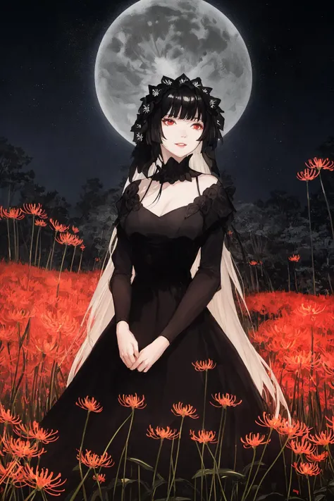 a woman standing in a spider lily field at night, black dress, parted lips, light smile, moonlit night, starry sky