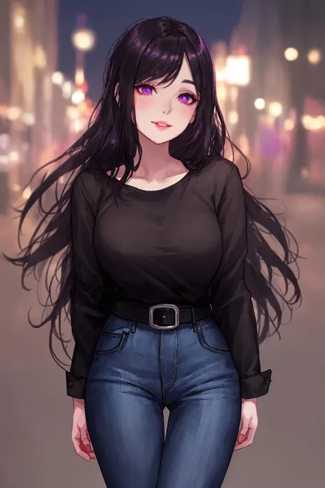 a woman standing outdoors at night, parted lips, blush, makeup, smile, black hair, violet eyes, black tshirt, jeans, belt
